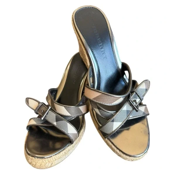 Burberry Nova Check Plaid Espadrille Wedge Sandal Heels Patent Leather 38/7.5-8 - Picture 2 of 12